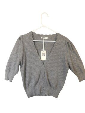 Grace Karin Womens Size L Grey Knit Button-Up Cardigan With Scalloped Edges NWT